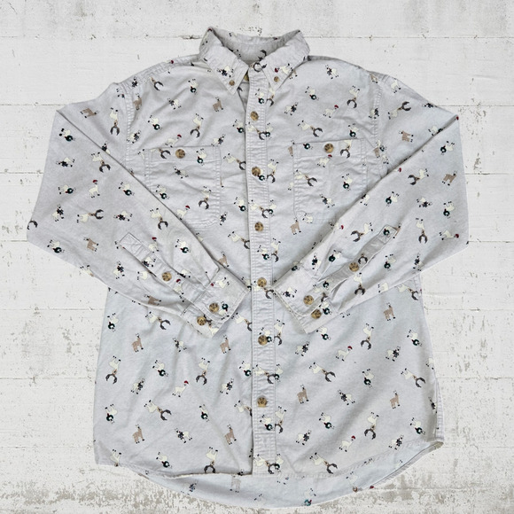 Duluth Light Gray Llama Alpaca Print Christmas Casual Button Down Size Medium - Picture 10 of 10